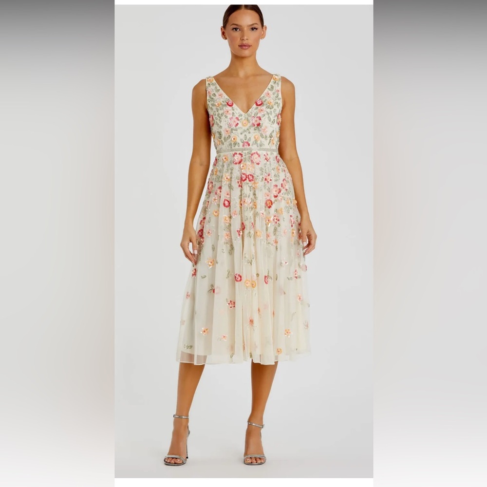 NWT Mac Duggal Floral Embroidered Dress Cream Pink Hot Pink Light Yellow & Green